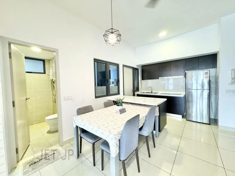 Kitchen features: white walls, tile flooring, kitchen island with seating, stainless-steel fridge, built-in oven, 4-burner gas hob, single-bowl stainless-steel sink, chrome pull-down faucet, black cabinetry, white countertop, pendant light, recessed downlights, floor-to-ceiling windows, dining table with 6 grey upholstered chairs; style: modern. Bathroom features: white tiled walls, tile flooring, one-piece toilet, shower with glass enclosure, chrome basin mixer, framed mirror.