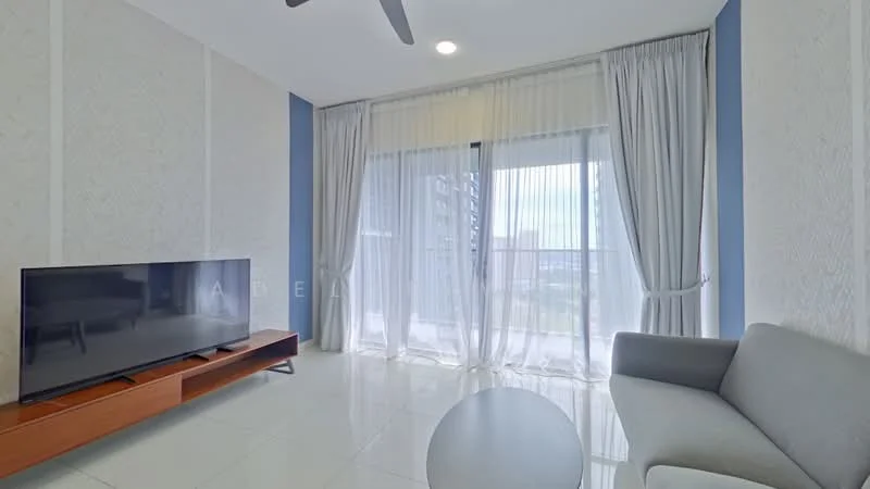 Living features: floor-to-ceiling windows, sheer curtains, grey fabric sofa, wooden TV console, wall-mounted TV, round coffee table, white tiled flooring, recessed downlights, light grey accent wall, textured white wall, ceiling fan; style: modern; view: city.