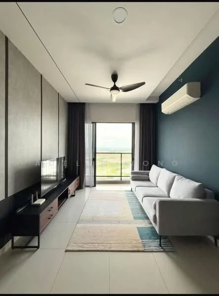 Living features: light grey fabric sofa, wooden TV console, wall-mounted TV, ceiling fan with light, recessed downlights, floor-to-ceiling windows, grey accent wall, cream tiled flooring, area rug with geometric pattern, curtains, air conditioning unit; style: modern; view: garden.