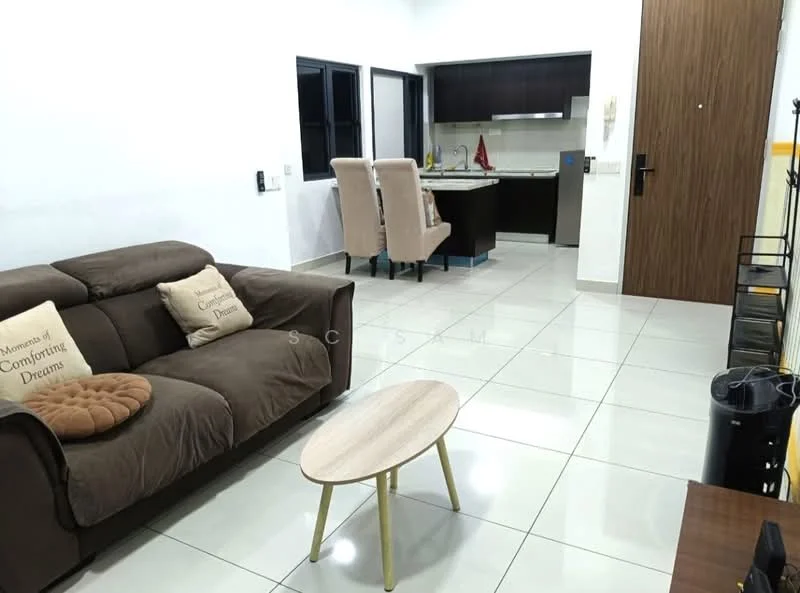 Living features: 3-seater fabric sofa in brown, decorative cushions, wooden coffee table with round top, white tiled flooring, wall-mounted TV, black TV console, two beige upholstered armchairs, open layout to kitchen, black window frames, light-colored walls, recessed lighting; style: modern. Kitchen features: kitchen island with seating, stainless-steel sink, built-in stove, white cabinetry, light-colored backsplash, microwave, refrigerator, ceramic tile flooring; style: modern.
