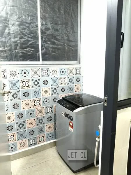 Laundry features: top-load washing machine in silver, decorative patterned tile backsplash, grey ceramic tile flooring, window with plastic covering, plumbing connection, wall-mounted faucet.