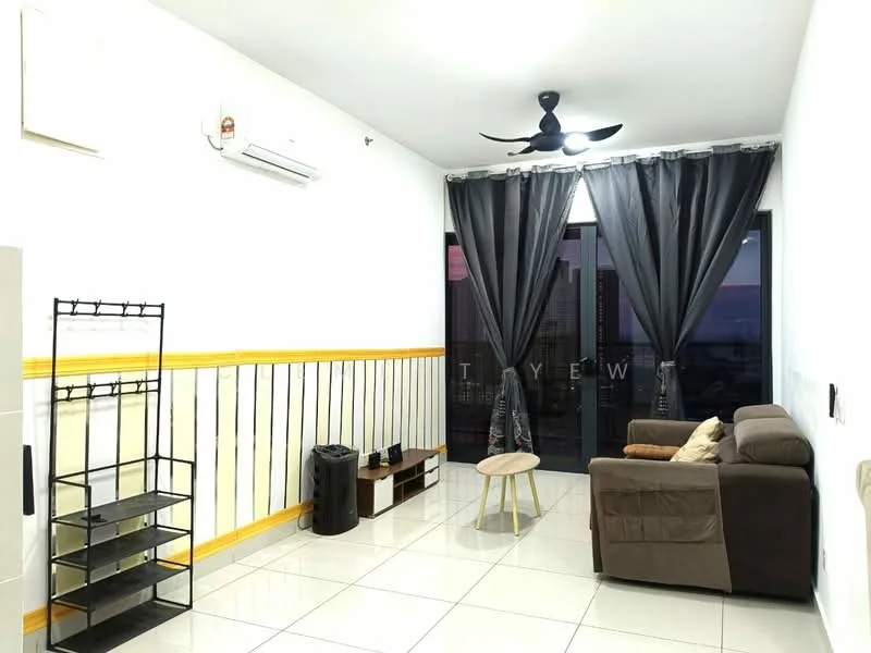 Living features: white painted walls, yellow accent wall, glossy tile flooring, 5-blade ceiling fan with light, black curtains, sofa in brown fabric, wooden coffee table, metal shelving unit, air conditioning unit on wall, floor-to-ceiling windows with city view; style: modern; view: city.