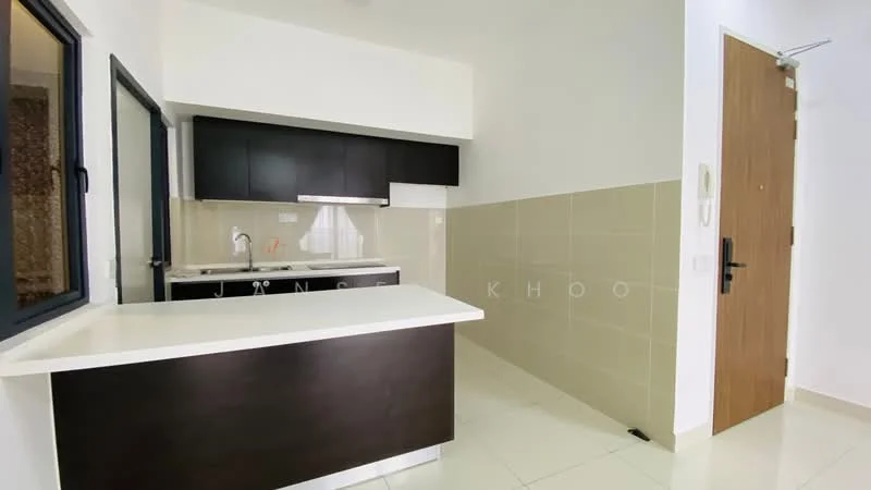 Kitchen features: black cabinetry, white countertop, single-bowl stainless-steel sink, chrome pull-down faucet, ceramic tile backsplash, built-in oven, freestanding range oven, recessed downlights, white walls, glossy floor tiles; style: modern. Room features: door, window, light switch.