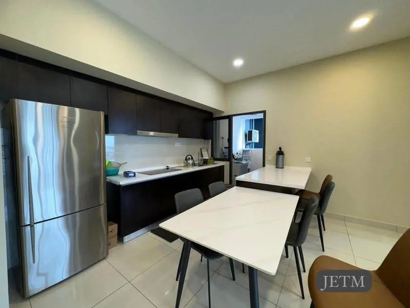Kitchen features: stainless-steel fridge, white quartz countertop, black cabinetry, double-bowl stainless-steel sink, chrome pull-down faucet, built-in oven, 4-burner gas hob, pendant lighting, tile flooring, open layout, dining table with white surface, 4 dining chairs; style: modern.