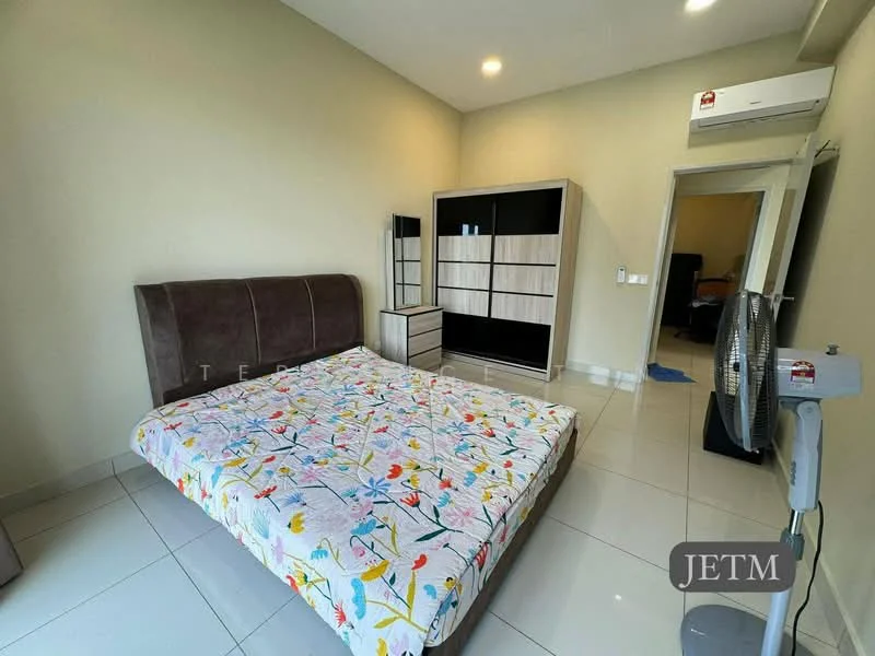 Bedroom features: king-size bed with floral bedding, upholstered headboard in brown, built-in wardrobe with light wood finish, full-length mirror, white tiled flooring, recessed ceiling lights, wall-mounted air conditioning unit, standing fan; style: modern.