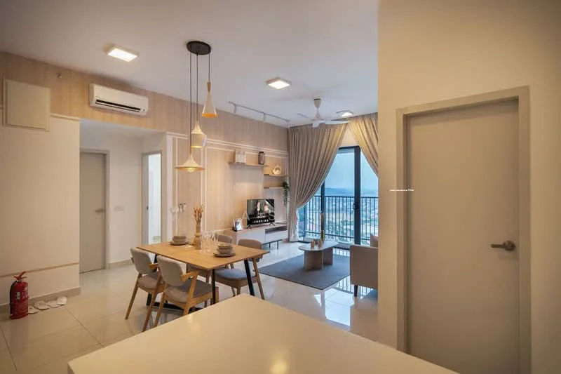 Living features: floor-to-ceiling windows, city view, 3-blade ceiling fan, recessed downlights, wall-mounted TV, fireplace, light wood paneling, grey area rug, sofa, coffee table, dining table with 4 chairs, decorative pendant lights; style: modern; view: city. Dining features: dining table with 4 chairs, decorative centerpiece, light wood finish; style: modern.