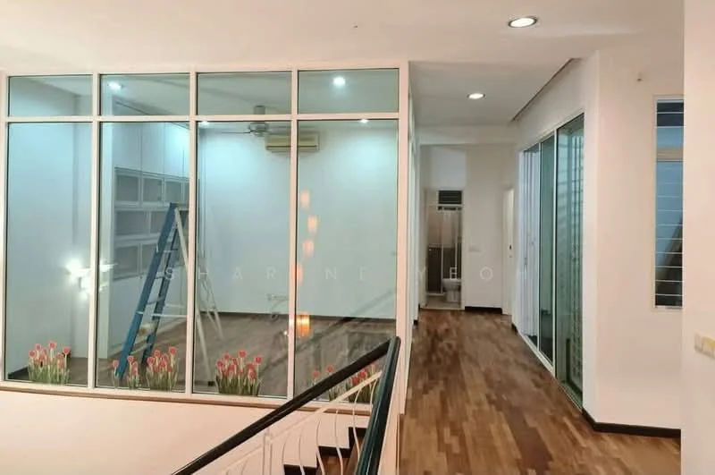 Room features: large glass windows, wooden flooring, white painted walls, ceiling lights, air conditioning unit, staircase railing, ladder, decorative plants at base of windows; style: modern.