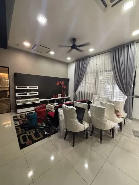 Living features: white painted walls, grey curtains, 5-blade ceiling fan, recessed LED downlights, polished tile flooring, area rug with geometric pattern, sofa in red and black, white upholstered chairs, TV console, decorative wall with floral artwork, large windows with sheer curtains; style: modern.
