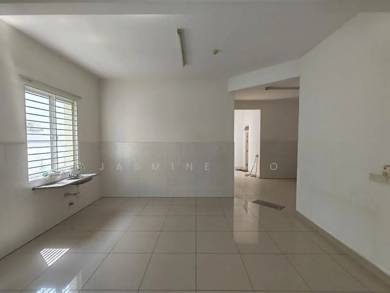 Room features: white painted walls, glossy ceramic tile flooring, window with horizontal blinds, single-bowl sink, counter space, recessed ceiling lights, open layout, neutral color scheme; style: modern.