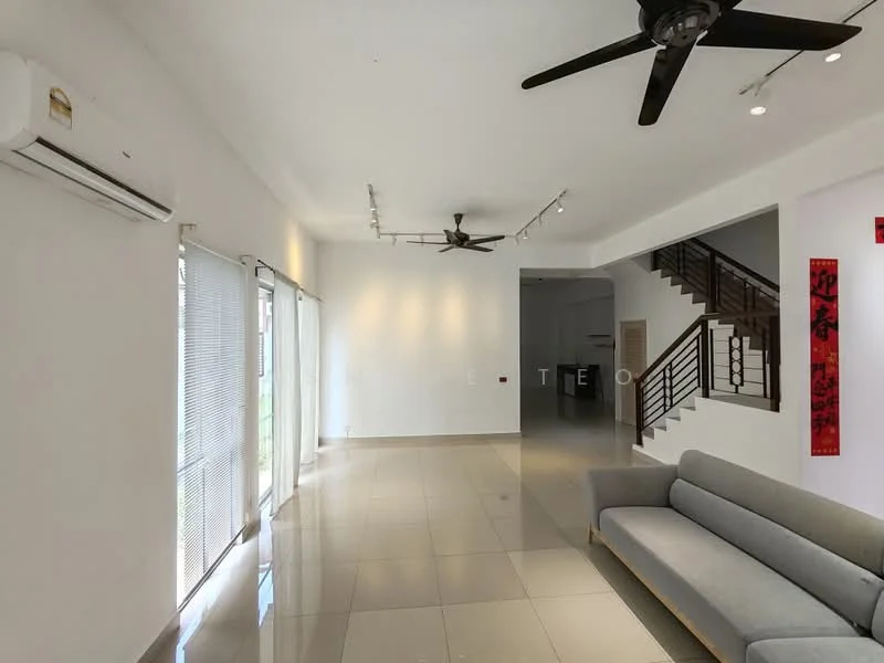 Living features: white painted walls, polished ceramic tile flooring, 5-blade ceiling fan with light, recessed LED downlights, floor-to-ceiling windows, sliding glass door, grey fabric sofa, decorative wall art, air conditioning unit; style: modern.