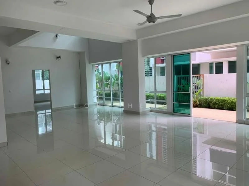 Living features: white painted walls, polished ceramic tile flooring, 5-blade ceiling fan with light, floor-to-ceiling windows, sliding glass doors, natural light from windows, mirror on wall, open layout, view of garden, high ceiling; style: modern; view: garden.