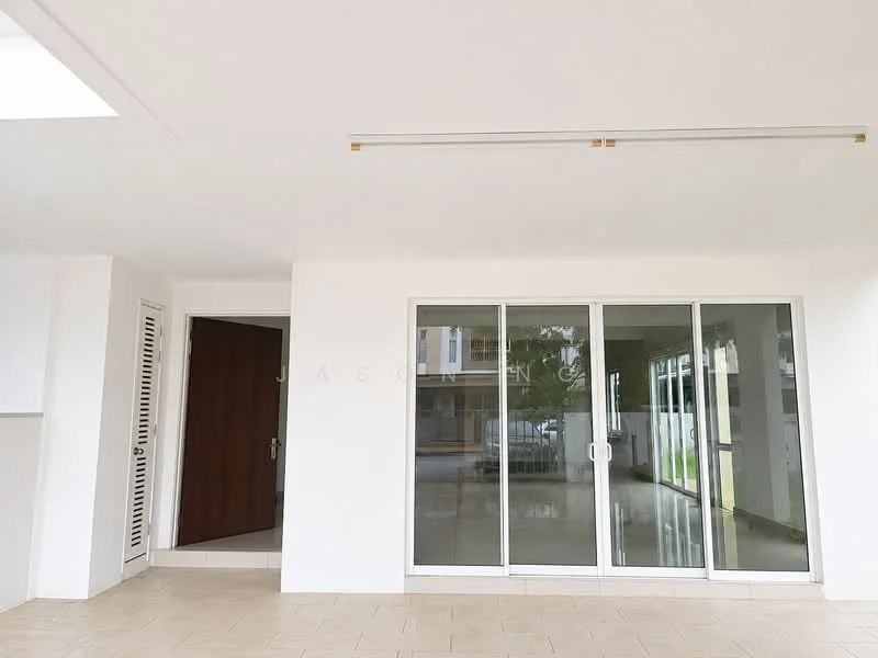 Room features: white painted walls, tile flooring, sliding glass door, large windows, recessed ceiling lights, open layout, door leading to another room, natural light from windows; style: modern; view: garden.