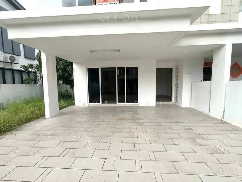 Exterior features: paved flooring, covered patio area, surrounded by greenery, white painted walls, large sliding glass doors, open space, single-storey, manicured lawn; style: modern.