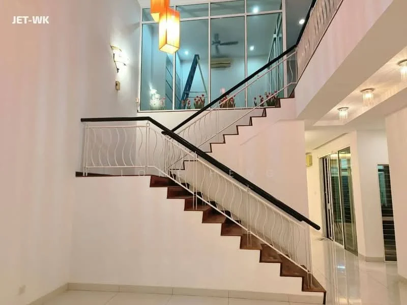 Room features: staircase with wooden steps, metal railing with decorative pattern, white painted walls, recessed ceiling lights, pendant light fixture, large glass windows, polished tile flooring, open space layout; style: modern.