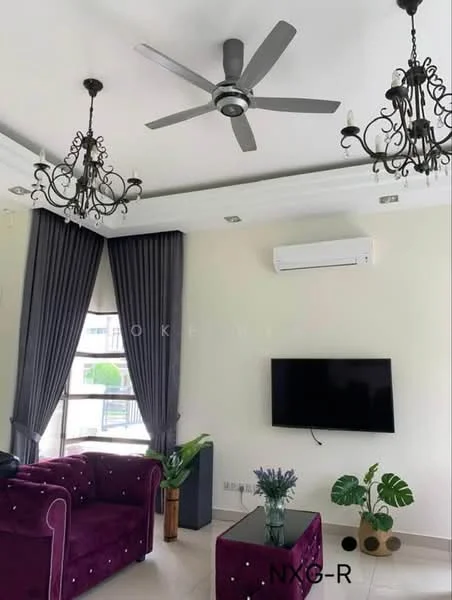 Living features: 5-blade ceiling fan with light, 2 chandeliers, floor-to-ceiling windows, grey curtains, purple velvet sofa, glass coffee table, wall-mounted TV, indoor plants, cream painted walls, tile flooring, air conditioning unit; style: modern.