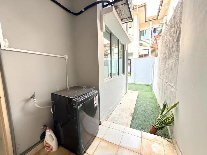 Laundry features: grey painted walls, tile flooring, window for natural light, washing machine, outdoor access, artificial grass flooring outside, potted plant, plumbing for washing machine; view: garden.
