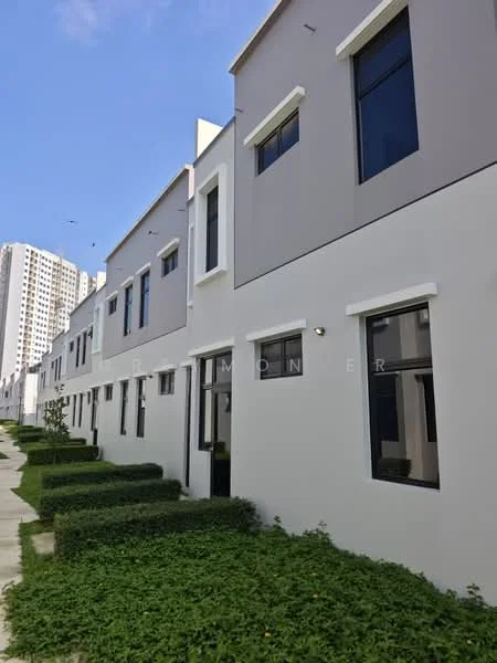 Exterior type: linked terrace house; features: white painted facade, grey accent wall, flat roof, 2-storey, manicured landscaping, windows with black frames, front entrance door, pathway leading to entrance; style: modern.