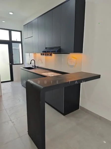 Kitchen features: black cabinetry, white countertop, single-bowl stainless-steel sink, chrome pull-down faucet, built-in oven, 4-burner gas hob, recessed LED downlights, grey tile flooring, backlit under-cabinet lighting, open layout with breakfast bar; style: modern.