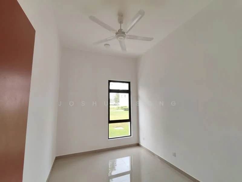 Room features: white painted walls, polished tile flooring, ceiling fan, floor-to-ceiling window, view of garden; view: garden.