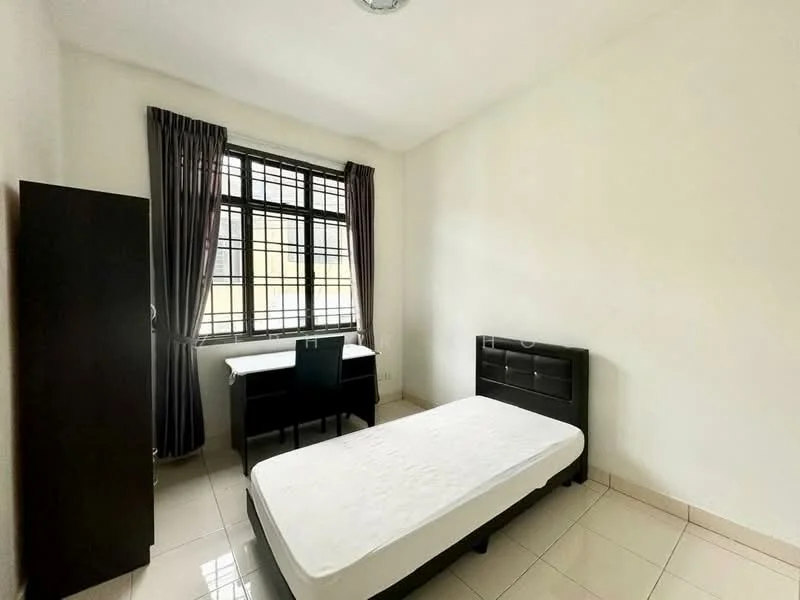 Bedroom features: single bed frame, mattress without bedding, black wooden wardrobe, study desk, black chair, floor-to-ceiling window, grey curtains, white painted walls, glossy tile flooring, ceiling light fixture; style: minimalist.