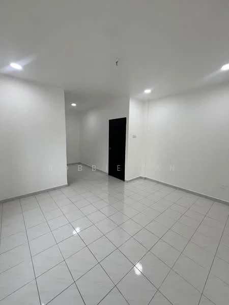 Room features: white painted walls, glossy white tile flooring, recessed LED downlights, single door, corner space, neutral color scheme; style: modern.