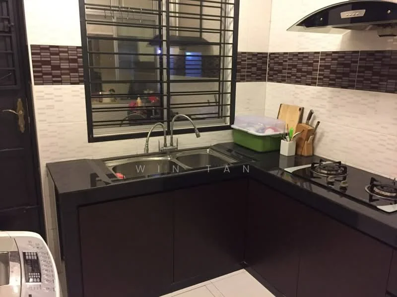 Kitchen features: black granite countertop, double-bowl stainless-steel sink, chrome pull-down faucet, built-in gas hob with 2 burners, dark wood cabinetry, white tiled backsplash with mosaic accent, window with black metal grille, white ceramic tile flooring, kitchen utensils in holder, green plastic storage container; style: modern.