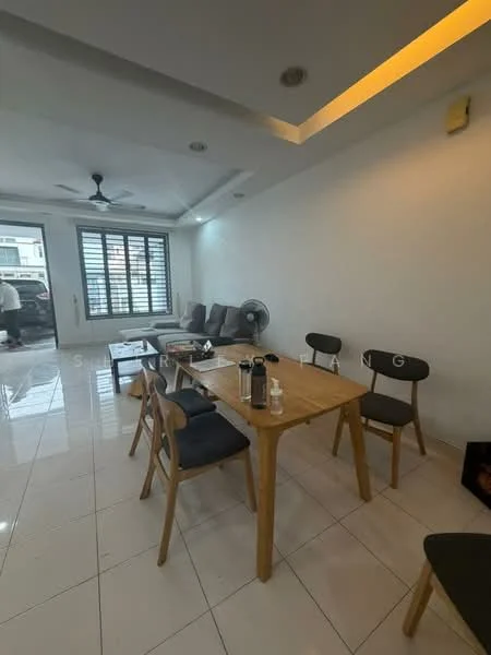 Dining features: rectangular wooden dining table, 4 dining chairs with fabric upholstery, white tiled flooring, ceiling with recessed lighting, 5-blade ceiling fan, large window with horizontal slats, wall-mounted fan, decorative wall with light color, open layout to living area; style: modern.