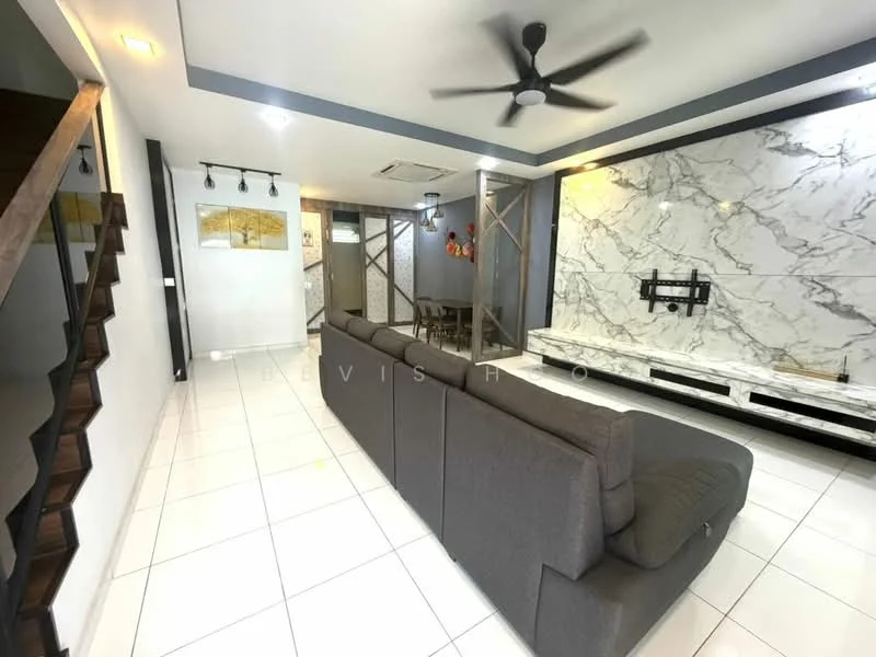 Living features: grey fabric sectional sofa, white marble feature wall, wall-mounted TV, white TV console, recessed LED downlights, 5-blade ceiling fan, white tiled flooring, decorative wall art, open layout to dining area, staircase with wooden steps; style: modern.