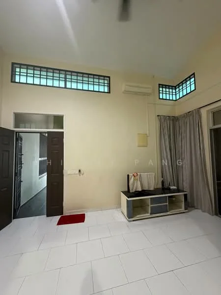 Living features: white painted walls, tile flooring, ceiling fan, wall-mounted air conditioning unit, TV console, curtains, glass block windows, double doors, red area rug.