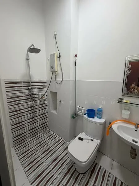 Bathroom features: walk-in shower with glass enclosure, rain shower head, handheld shower, toilet, single-sink vanity with white cabinet, framed mirror, white tiled walls, striped tile flooring, soap dispenser, toilet paper holder, shower control panel; style: modern.