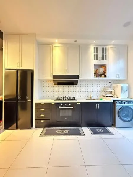 Kitchen features: black and white cabinetry, stainless-steel gas stove with 5 burners, stainless-steel range hood, built-in oven, black refrigerator, washing machine, white tiled backsplash, white countertop, under-cabinet lighting, ceramic tile flooring, double-bowl stainless-steel sink, chrome pull-down faucet, glass-front upper cabinets, decorative kitchen mats; style: modern.
