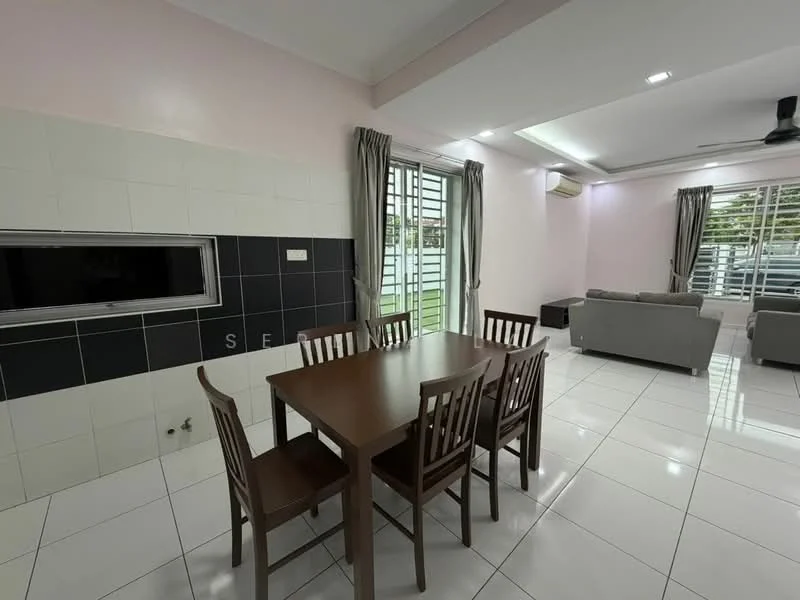 Dining features: brown wooden dining table, 4 wooden dining chairs, white tiled flooring, pink painted walls, black tiled feature wall with TV, floor-to-ceiling windows, grey curtains, air conditioning unit, recessed ceiling lights, ceiling fan; style: modern; view: garden. Living features: grey fabric sofa, white tiled flooring, pink painted walls, floor-to-ceiling windows, grey curtains, recessed ceiling lights, ceiling fan; style: modern; view: garden.