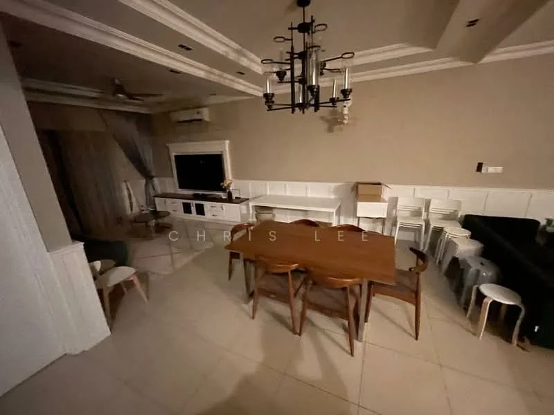 Dining features: wooden dining table, 6 wooden dining chairs, white wainscoting, cream painted walls, recessed ceiling with crown moulding, chandelier light fixture, floor-to-ceiling windows with sheer curtains, TV console with wall-mounted TV, sofa in dark fabric, tile flooring, air conditioning unit on wall; style: modern.
