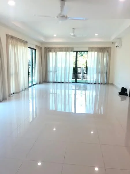 Living features: white painted walls, glossy white tile flooring, 5-blade ceiling fan, recessed downlights, floor-to-ceiling windows, sliding glass door, sheer curtains, balcony access, air conditioning unit, open layout; style: modern; view: garden.