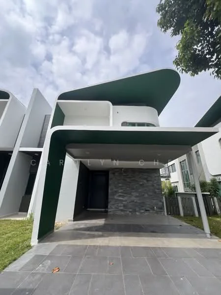Exterior type: detached bungalow; features: green overhanging roof, stone cladding on facade, white painted walls, large front porch, slate tile flooring, manicured lawn, modern architectural design, large windows, asymmetrical roof design; style: modern.