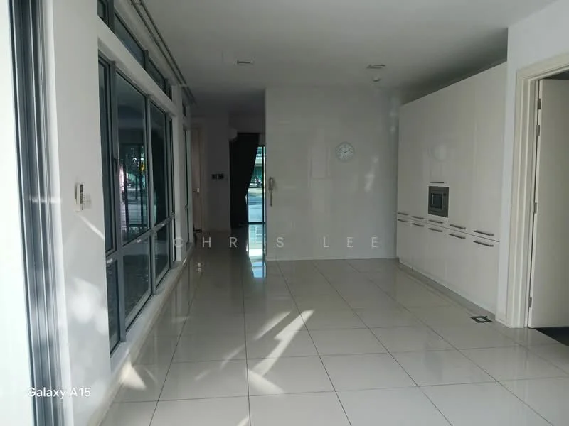 Room features: white painted walls, glossy tile flooring, large floor-to-ceiling windows, built-in cabinetry, recessed downlights, clock on wall, open layout, neutral color scheme; style: modern.
