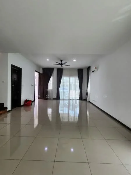 Living features: white painted walls, glossy ceramic tile flooring, 5-blade ceiling fan with light, recessed LED downlights, floor-to-ceiling windows, sheer curtains, sliding glass door, air conditioning unit, decorative wall, open layout; style: modern.