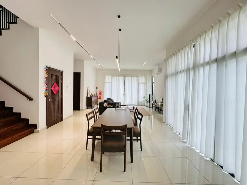 Dining features: rectangular dining table, wooden dining chairs, white walls, large floor-to-ceiling windows, sheer curtains, polished ceramic tile flooring, recessed downlights, decorative wall art, open layout, staircase with wooden steps; style: modern.