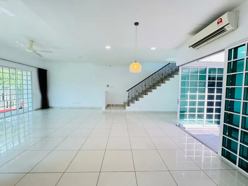 Living features: white painted walls, polished ceramic tile flooring, 5-blade ceiling fan, pendant light, floor-to-ceiling windows, sliding glass door, open layout, staircase with metal railing; style: modern; view: garden.