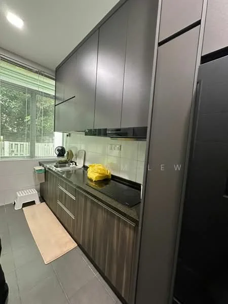 Kitchen features: dark wood cabinetry, white countertop, black glass cooktop, built-in oven, stainless-steel sink, chrome pull-down faucet, tile backsplash, grey tile flooring, large window with blinds, white wall, kitchen island, under-cabinet lighting; style: modern; view: garden.