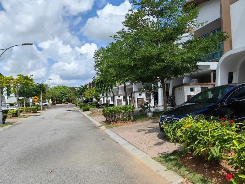 Exterior type: linked terrace house; features: manicured lawn, mature trees, paved walkway, driveway with interlocking pavers, two-storey houses, front gardens, street lighting, surrounded by greenery; style: modern.
