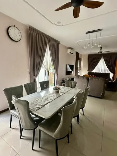 Dining features: 6-seater dining table with marble top, upholstered dining chairs in grey, pendant lighting above dining table, wall-mounted TV, floor-to-ceiling windows with sheer curtains, cream painted walls, light-colored tiled flooring, ceiling fan with wooden blades, decorative wall clock, sofa in background, curtains in a darker shade; style: modern.