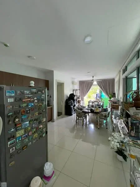 Kitchen features: stainless-steel fridge, white cabinets, granite countertop, ceramic tile flooring, recessed downlights, open shelving, dining table with chairs, decorative plants, large windows with sheer curtains, wall-mounted cabinet, kitchen island, various kitchen appliances; style: modern; view: garden.