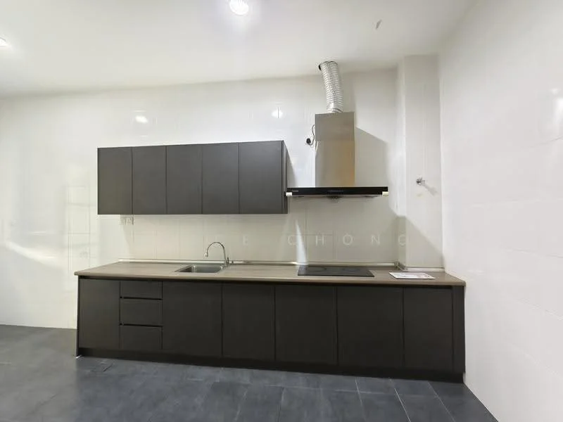 Kitchen features: dark wood cabinetry, laminate countertop, single-bowl stainless-steel sink, chrome pull-down faucet, built-in stove, stainless-steel range hood, grey tile flooring, white tiled walls, recessed downlights; style: modern.