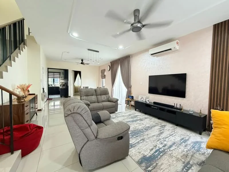 Living features: 3-seater fabric sofa in grey, 2 recliner chairs, coffee table, wall-mounted TV, TV console in black, area rug with abstract pattern, ceiling fan with light, wall-mounted split AC, floor-to-ceiling windows with sheer curtains, decorative cushions in yellow, light-colored walls with textured accent wall, tile flooring; style: modern.