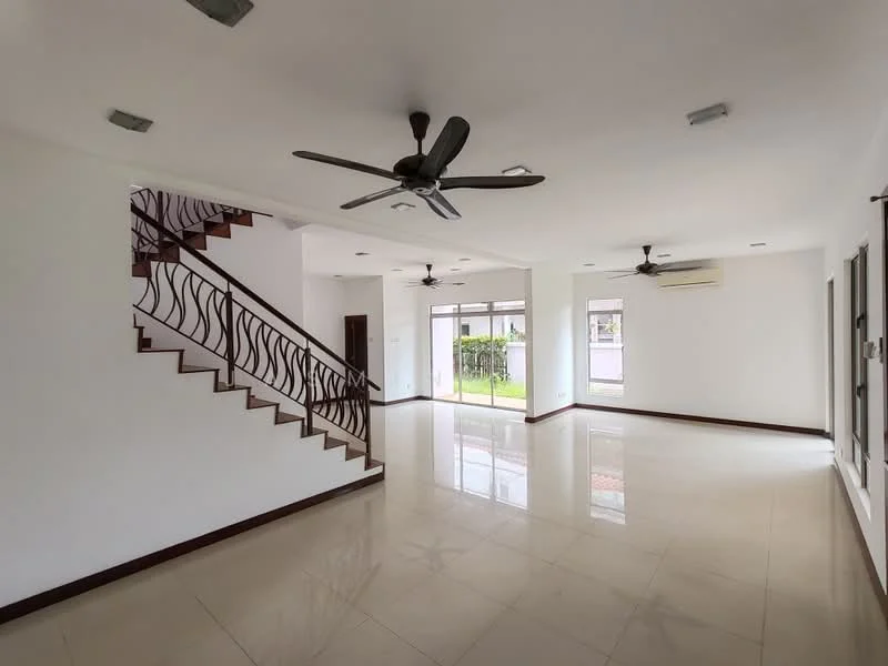 Living features: white painted walls, polished ceramic tile flooring, 5-blade ceiling fan with light, 2 ceiling fans, large sliding glass door, windows with no treatments, staircase with decorative railing, air conditioning unit, recessed downlights; style: modern; view: garden.