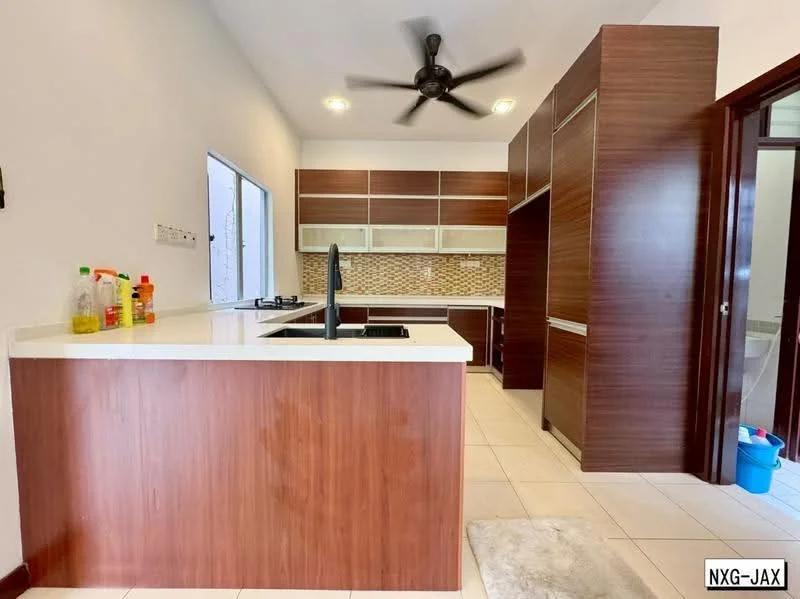 Kitchen features: island countertop with white surface, brown wood cabinetry, stainless-steel sink, chrome pull-down faucet, built-in gas hob, backsplash with mosaic tile pattern, recessed downlights, 5-blade ceiling fan, tile flooring, window with view to outside, open shelving, built-in oven, kitchen storage cabinets; style: modern.