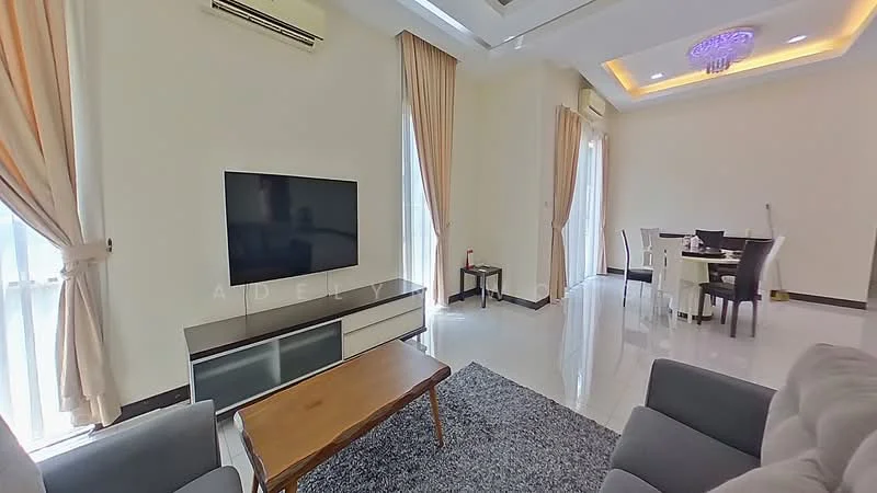 Living features: grey fabric sofa, wood coffee table, TV console with storage, wall-mounted flat-screen TV, recessed ceiling lights, chandelier, floor-to-ceiling windows, sheer curtains, cream painted walls, white tiled flooring, area rug with geometric pattern, dining table with chairs; style: modern.