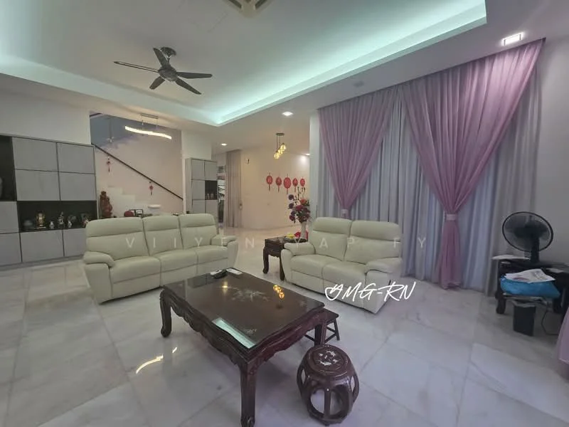 Living features: cream leather 3-seater sofa, cream leather 2-seater sofa, wooden coffee table, marble flooring, ceiling fan, recessed downlights, purple curtains, wall-mounted decorative shelves, decorative wall art, floor lamp, air conditioning unit; style: modern.