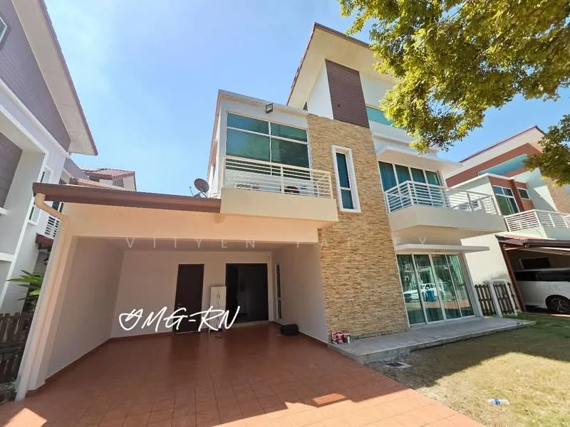 Exterior type: semi-detached house; features: two-storey building, stone cladding on facade, large windows, balcony on upper floor, terracotta tiled flooring, manicured lawn, car porch, modern architectural design, overhanging roof, surrounded by greenery; style: modern.
